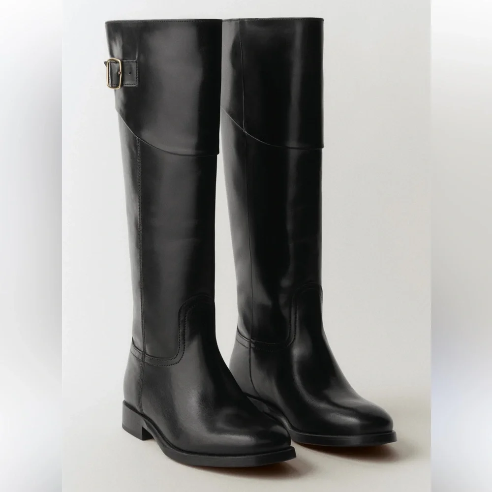 NWT Mango Black Leather Knee-High Riding Boots size 8 (38)